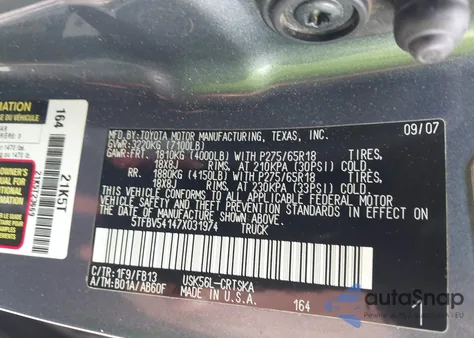 2007 Toyota Tundra Sr5 5.7L V8 from USA, damaged, VIN 5TFBV54147X031974